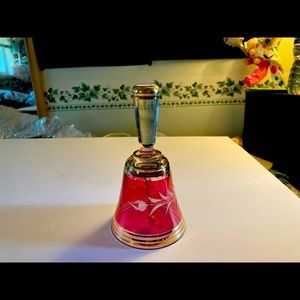 Vintage Ruby Red Flashed Cut to Clear Bohemian Crystal Etched Glass Bell